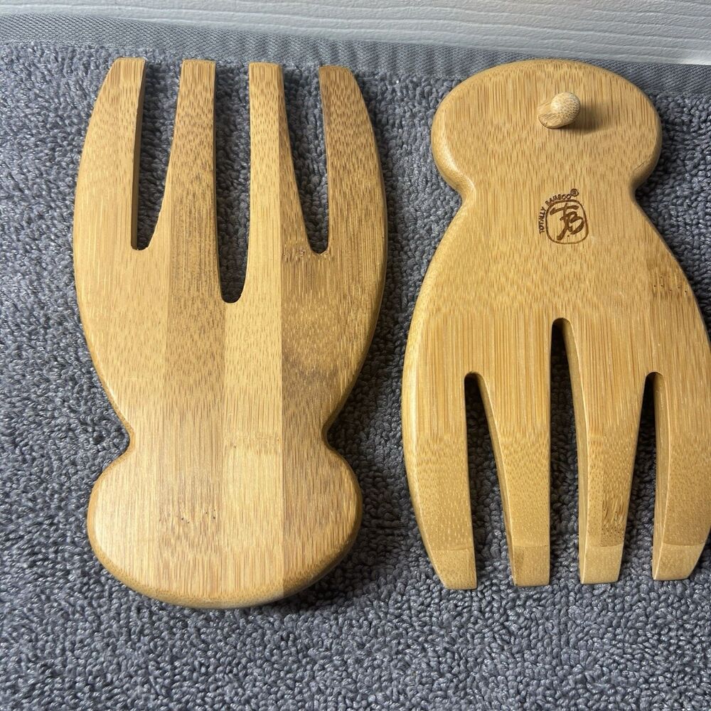 Totally Bamboo Salad Hands Set 2pc Moso Wood Servers Tongs with Thumb Grip Hook